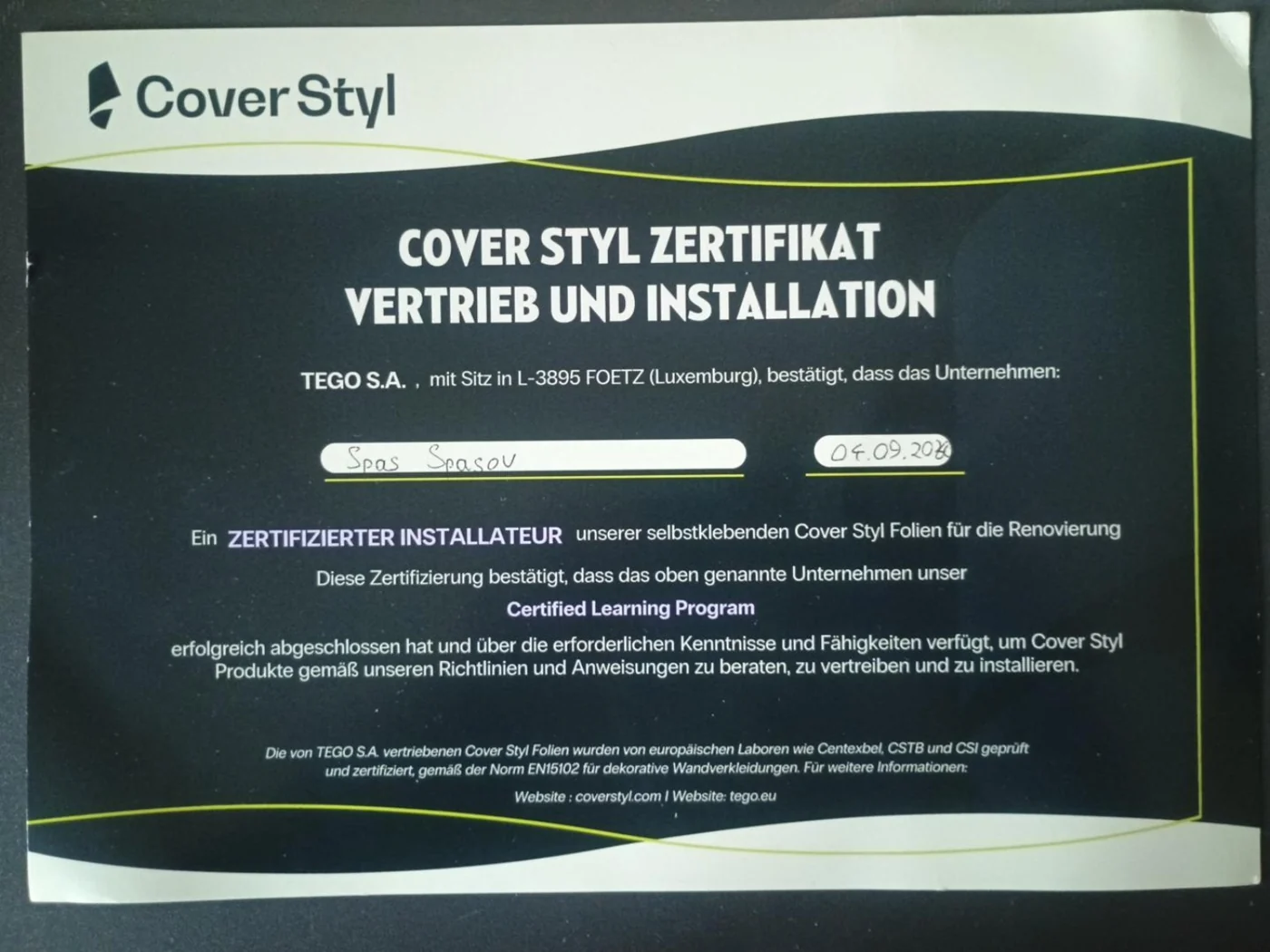 Cover Styl Zertifikat Vertrieb und Installation für Spas Spasov